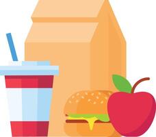 Lunch bag with a cheeseburger, a soda and an apple promotes a balanced and healthy school lunch, combining nutritious fruits with classic american favorites vector