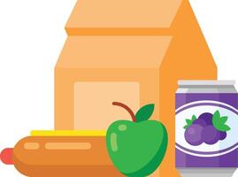 School lunch bag with hot dog, green apple and grape juice can composing a healthy balanced meal for students or workers vector