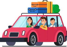 Happy family starts a car journey with luggage on the roof, enjoying the scenic views and creating memories on a summer road trip adventure vector