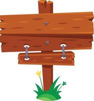 Cartoon wooden road sign with two planks indicating different directions, standing on a patch of grass with flowers, offering space for custom messages and directions vector