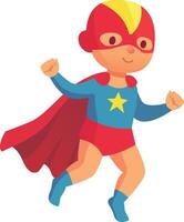 Young superhero boy joyfully soars through the air in a cape and mask. Celebrating victory with a star on his chest. Embodying childhood imagination and creativity in vibrant colors of red. Blue vector
