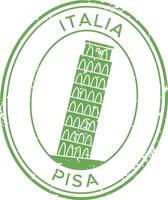 Round green rubber stamp simulating a worn out effect with the leaning tower of pisa and the words italia and pisa written inside, isolated on a white background vector