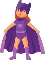 Happy child wearing a purple superhero costume with cape and mask is standing with open arms, showing confidence and readiness for heroic adventures vector