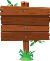Empty wooden sign surrounded by grass and leaves, perfect for personalized messages in a rustic setting. Customize with text for outdoor communication needs vector
