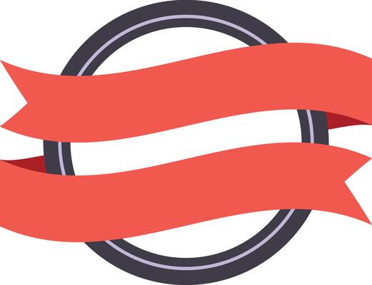 Two elegant waving red ribbons are wrapping a circular frame with a thin gray border and blank white background, creating a perfect space for custom labels or logo designs