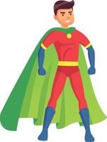 Confident superhero standing with cape flowing, ready for action, symbolizing strength, courage, and heroism in a vibrant illustration vector