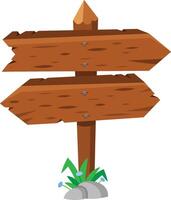 Empty wooden signpost with two arrows pointing in opposite directions, fixed on a wooden pole and surrounded by grass and rocks, isolated on white vector