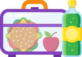 Purple lunchbox containing a hamburger, an apple and a bottle of green juice, suggesting a healthy and convenient meal for school or work vector