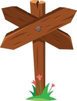Empty wooden signpost with four arrows pointing in different directions, standing in green grass with pink flowers at its base, isolated on white background vector