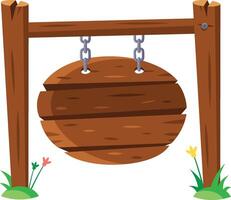 Wooden sign hanging from two wooden posts with chains and grass at the base, perfect for displaying messages and information vector