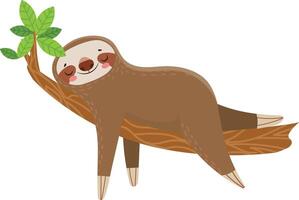 Cartoon illustration of a happy sloth napping on a tree branch, enjoying the tranquility of its natural habitat, conveying a sense of peace and relaxation vector