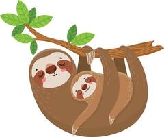 Adorable cartoon illustration of a mother sloth lovingly holding her baby while hanging upside down from a tree branch, enjoying a peaceful moment together vector