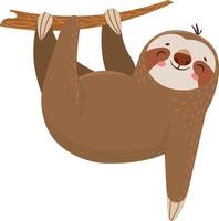 Cartoon illustration of a cute sloth hanging upside down from a tree branch, smiling and enjoying a peaceful moment in nature vector