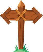 Wooden signpost with crossed planks pointing in opposite directions, tied to a central pole with a pointed top, symbolizing indecision or a difficult choice between two paths vector