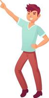 Cheerful young man pointing his index finger at something interesting and winking happily, expressing confidence and enthusiasm vector