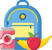 Blue school backpack with yellow details is standing next to a can of strawberry juice, a red apple and a yellow banana composing a healthy lunch for school vector