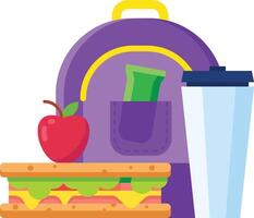 School backpack with a pocket containing a juice box, accompanied by a sandwich and an apple, representing a healthy and nutritious school lunch vector