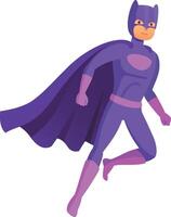 Superhero with purple costume and fluttering cape is flying in the sky, demonstrating power and courage, ready to save the day vector