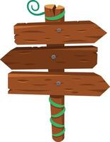 Wooden signpost with three arrows pointing in different directions, tied with a green rope, providing guidance and direction vector