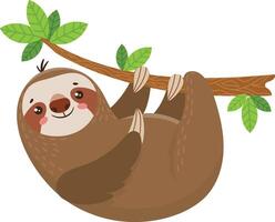 Adorable cartoon sloth hangs upside down from a tree branch in the rainforest, smiling happily among green leaves and brown branches. Perfect for children's education and playful imagination vector