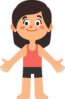 Full length illustration of a smiling girl showing open hands, wearing an undershirt and shorts, isolated on a white background, depicting concepts of welcoming, openness, and friendliness vector