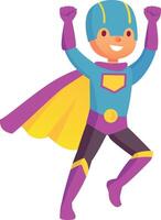 Powerful superhero kid wearing a colorful costume with cape and mask, flying and raising fists, celebrating victory and showing strength with a joyful expression vector