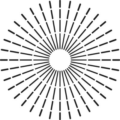 Numerous black lines radiate outwards from a central white circle, creating a dynamic sunburst or starburst effect against a white background