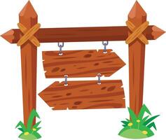 Wooden signpost with two arrow shaped boards pointing in different directions hanging from chains, indicating multiple paths or choices vector