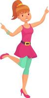 Young woman with ponytail, pink top and turquoise leggings is dancing and pointing with index fingers up and to the sides vector
