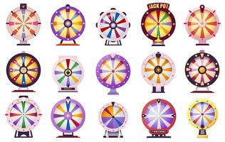 Casino spinning wheel. Round gambling turn arrow icons, roulette circle and turntable different sizes, circle with segments flat style. isolated set vector
