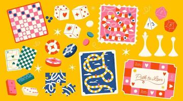 Cartoon board games. Family fun table strategy and competition games with dice and map, various family and party recreation. isolated set vector