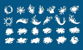 Milk splashes. Liquid wave and drops of milky drink, splatter and swirl shapes of falling flowing dairy beverage, cartoon yogurt drops. isolated set vector