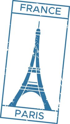 Blue ink stamp featuring eiffel tower marking arrival in paris, france, symbolizing tourism, travel, and french culture