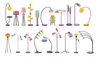 Floor lamps. Modern standing light equipment with different shades, home and office interior illumination, contemporary decorative objects. isolated set vector
