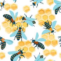 Cartoon bee pattern. Seamless print of cute bumblebee insect on honeycomb background, abstract hexagon wallpaper for kids fabric textile. texture vector