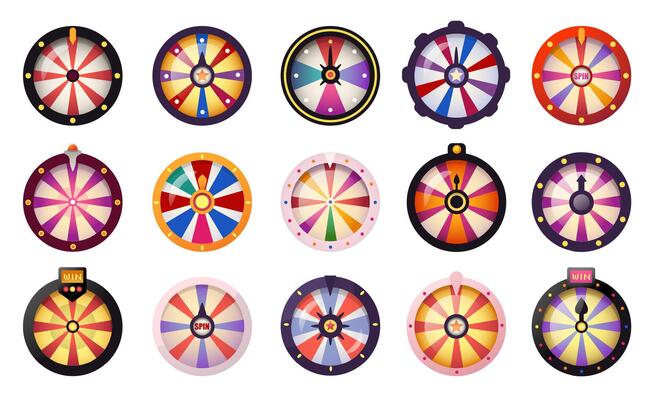 Fortune wheels. Cartoon online casino game with prize wheel and roulette, gamble round with lucky spin and winning stake. illustration