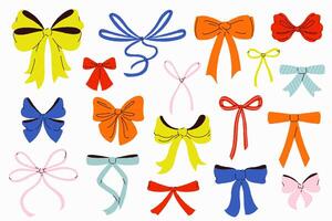Ribbon bows. Decorative bowknot with colorful ribbons different shapes and sizes, flat tied bowtie for gift package decor celebration. set vector