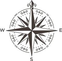 Vintage compass rose with fleur de lis symbol pointing north, indicating direction and navigation, featuring detailed design and cardinal points vector