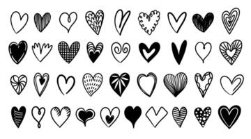 Hand drawn hearts. Cute minimalistic pencil sketch valentines day symbols, simple black outline scribble romantic doodles. isolated set vector