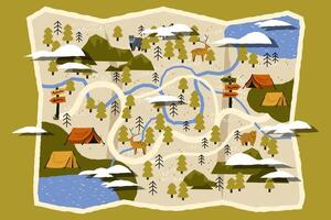 Cute banner with travel map. Cartoon banner with doodle tracking route and hand drawn map with pointer. camping or travel illustration vector