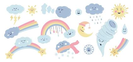 Weather cartoon characters. Cute happy and sad cloud with rain and sun, meteorology weather forecast icons with different emotions. isolated set vector