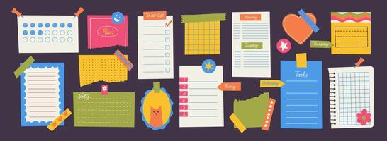 Memory stickers. Cute colorful note paper with ripped edges, scrapbook paper page strips and memo post it notes flat style. isolated set vector