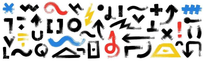 Bold brush sign and shapes. Doodle thick linear arrows and spirals, wavy and curvy lines, abstract blob brush scribbles. sketch set vector