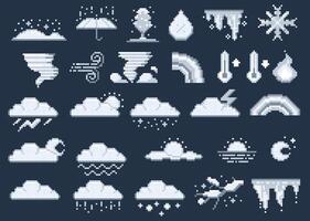 Weather 8-bit symbols. Retro game weather icons, sun cloud rain and snow, meteorology forecast and climate indicator. isolated set vector