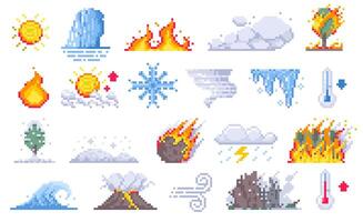 Pixel cataclysm. Retro 2D game volcano eruption with fire, smoke, lava and rocks, mountain explosion with meteorite impact. disaster illustration vector