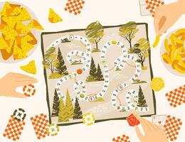 Playing board game top view. Cartoon characters playing strategy board game on table, friends family spending time together. illustration vector