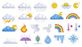 Pixel weather icons. Cartoon 8 bit game assets of sun rain snow thunderstorm wind and cloudiness. weather forecast symbols isolated collection vector