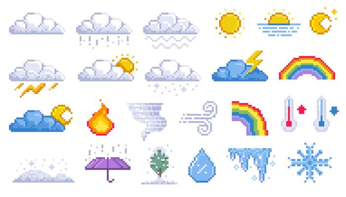 Pixel weather icons. Cartoon 8 bit game assets of sun rain snow thunderstorm wind and cloudiness. weather forecast symbols isolated collection
