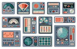 Spaceship retro controls. Vintage analog dashboard with dials indicators and gauges, old spacecraft cockpit interface. illustration vector
