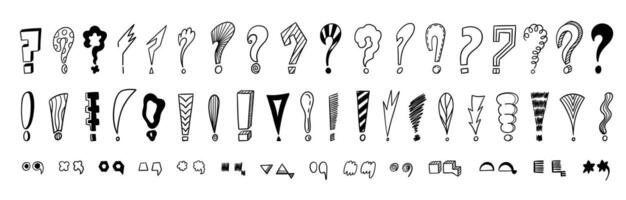 Doodle punctuation mark. Hand drawn question and exclamation marks, sketch scrawl and warning signs. isolated set vector